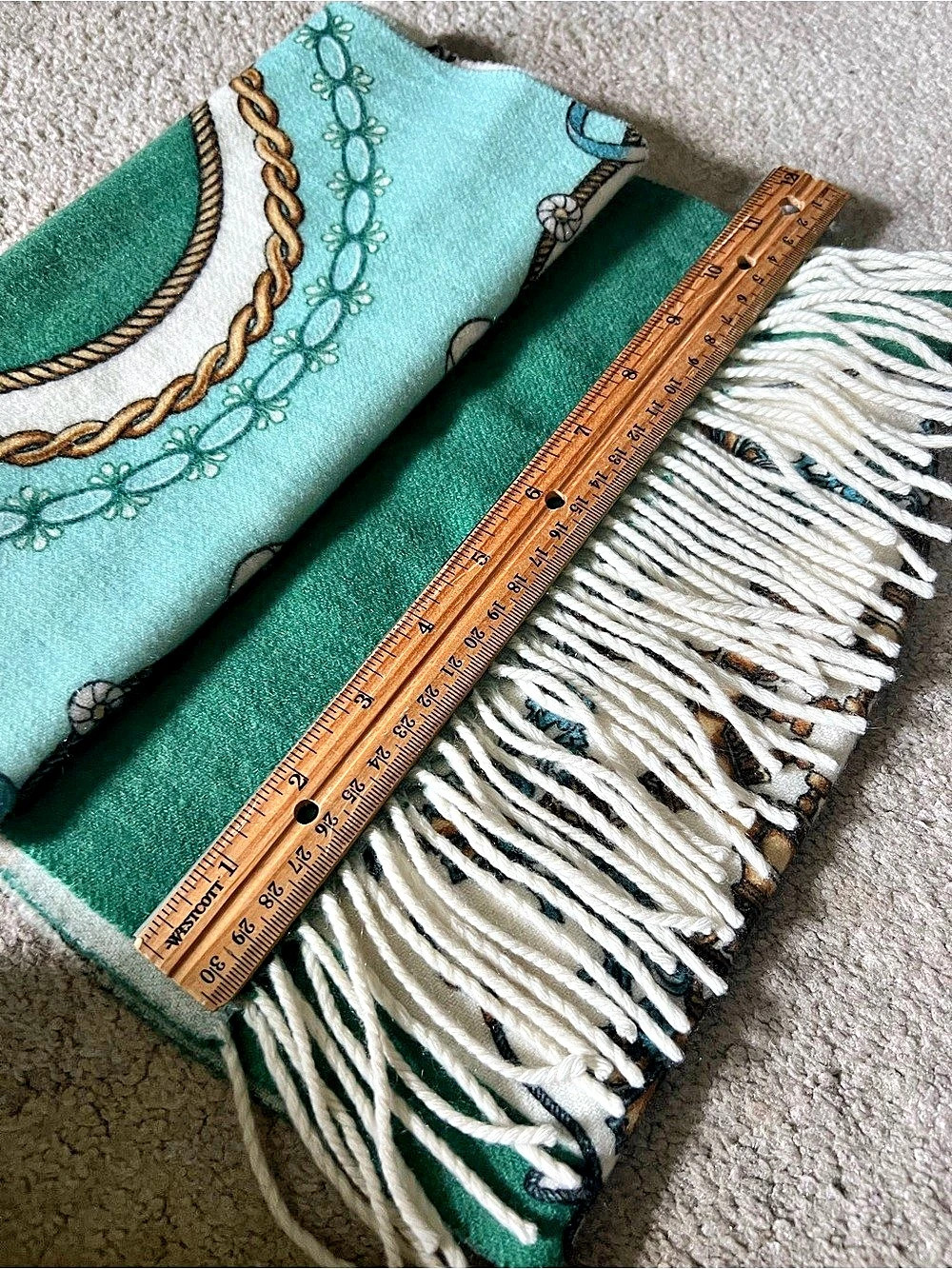 talbot’s Green & White Patterned Cashmere Scarf, 11 by 68 inches